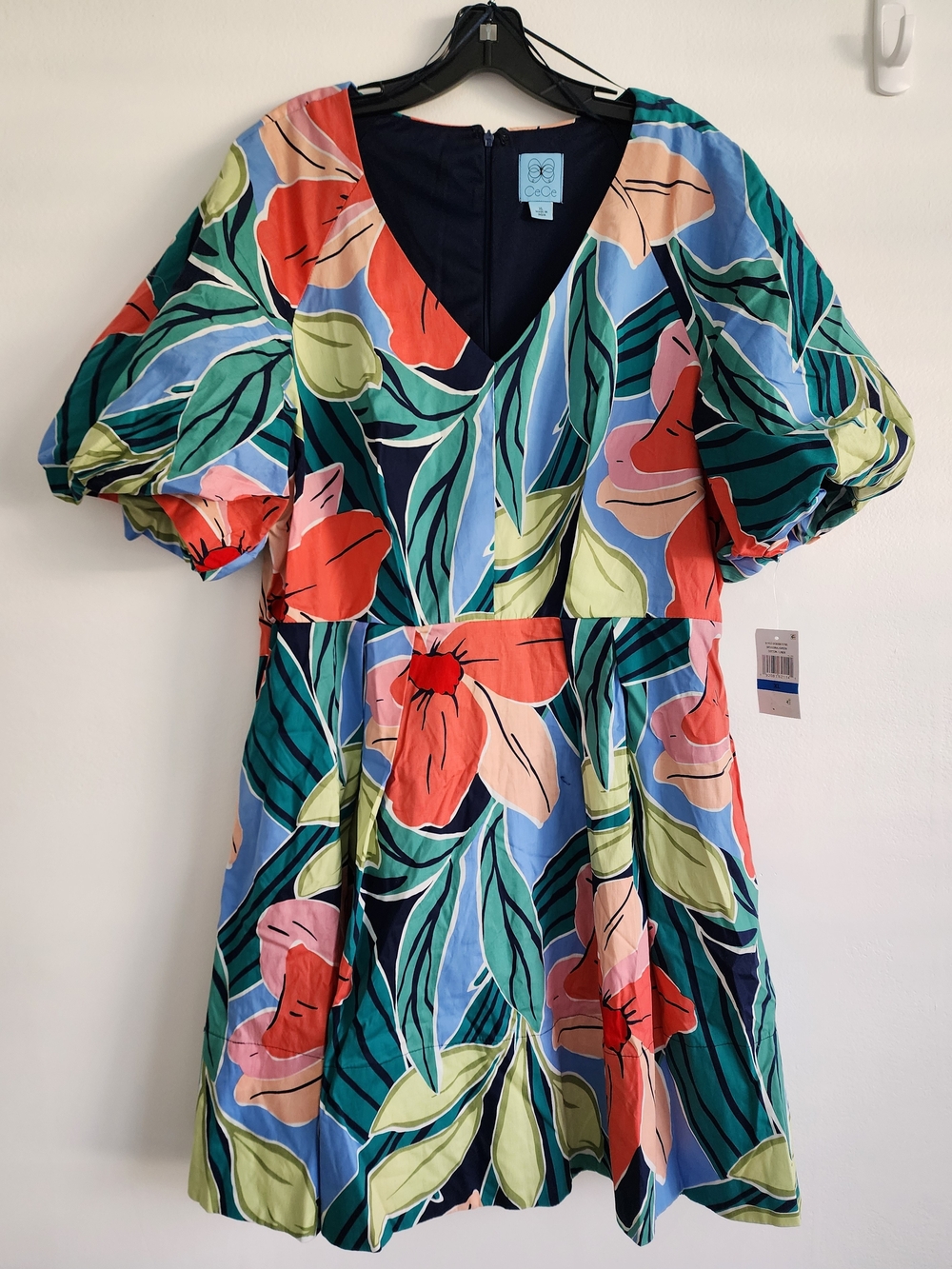 CeCe Multicolor Floral V-Neck Puff Sleeve Mini Dress